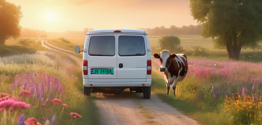 Varebil på en landevei utenfor byen passerer ei ku